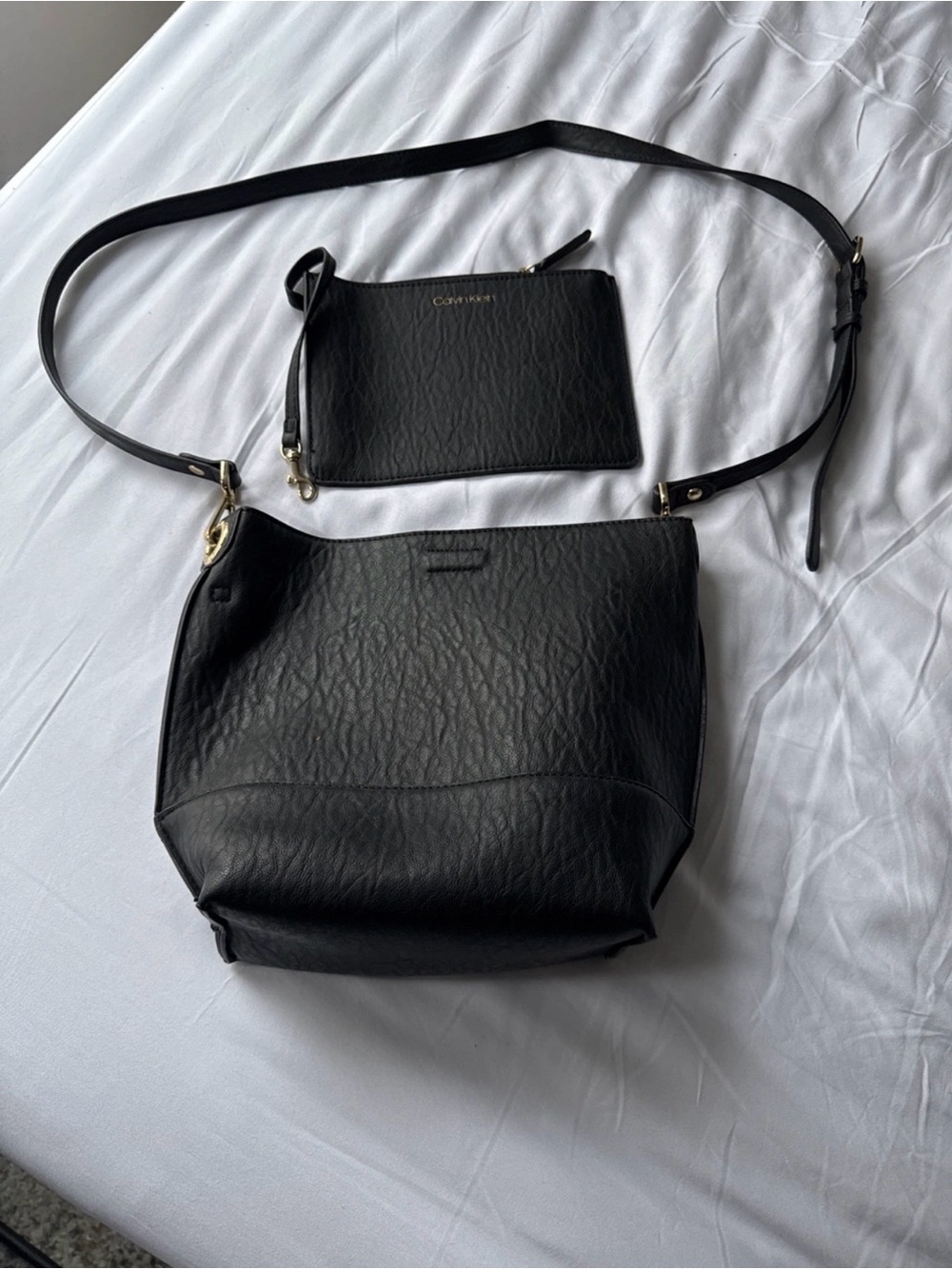 Calvin Klein Black Pebbled Leather Crossbody with Detachable Pouch